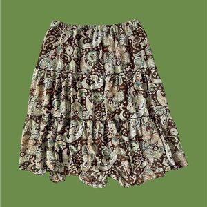 Women’s Paisley Skirt Size 10 Brown Green‎ 3-Tiered Stretchy Slip Lined Flowy